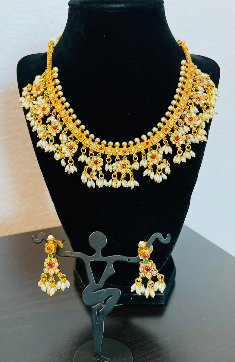 Matte gold finish guttapusalu necklace set Maia Collections