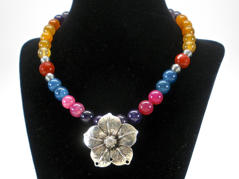 multicolor agate necklace with oxidized flower pendant