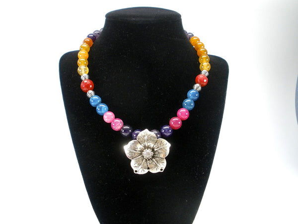 multicolor agate necklace with oxidized flower pendant