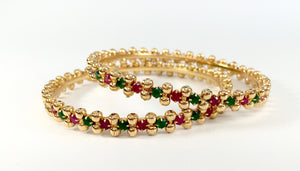 red and green stone bangles with gold beads