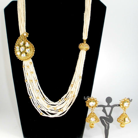 long pearl haram with statement kundan side pendant