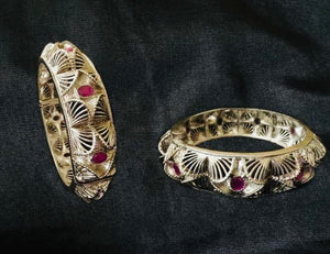 Silver finish kada bangles with ruby stones