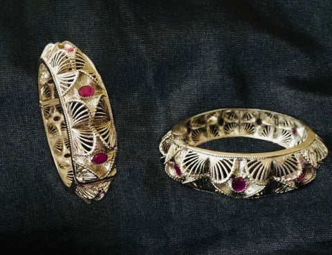 Silver finish kada bangles with ruby stones