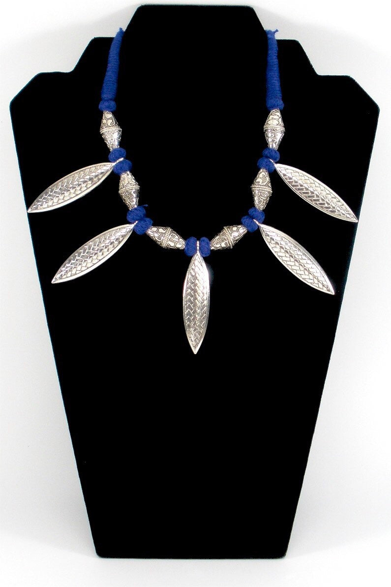 oxidized tribal necklace in blue ethnic thread