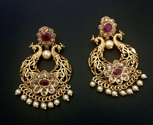 peacock style chandbali brass earrings
